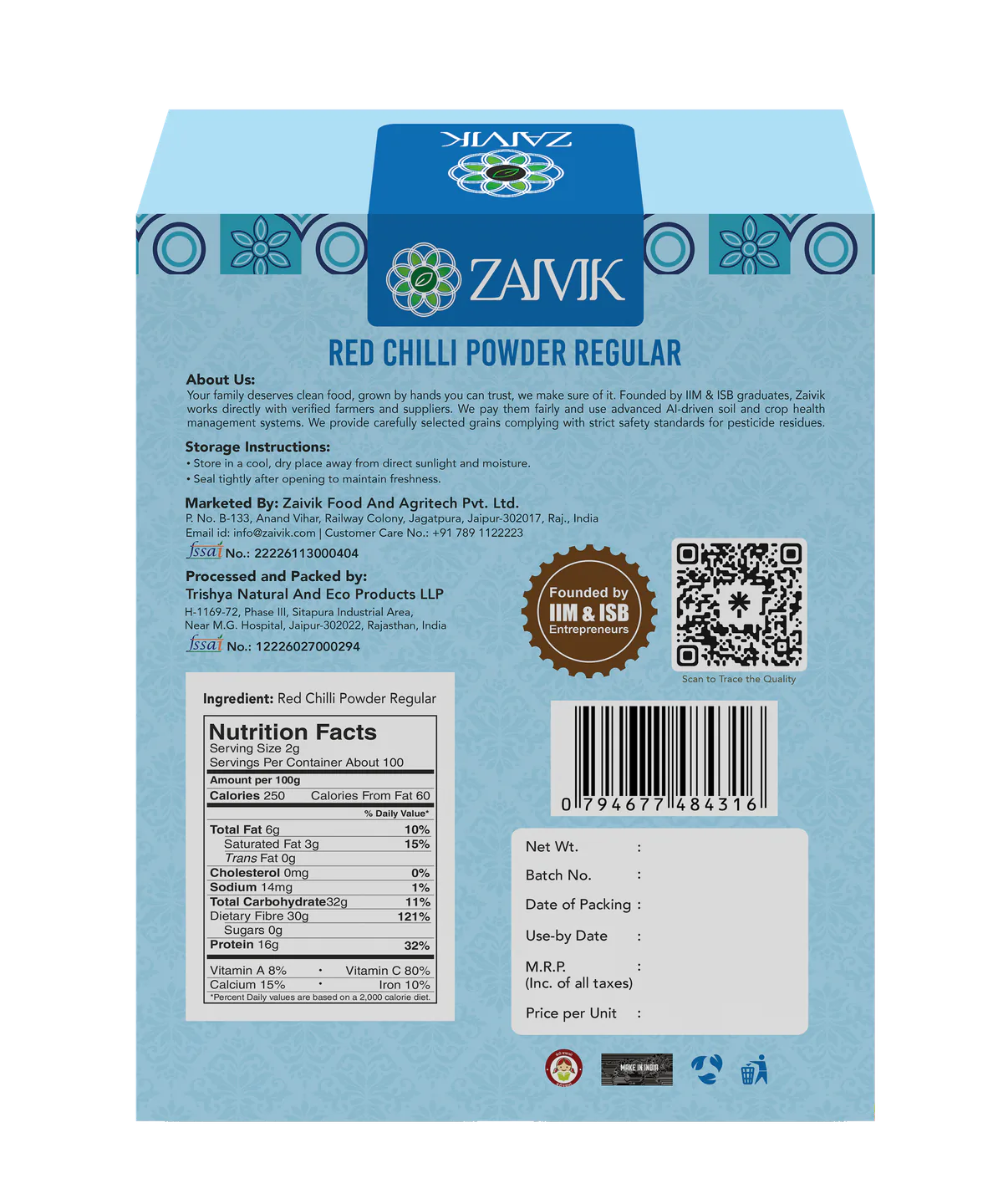 Zaivik Red Chilli Powder 200 g back packaging