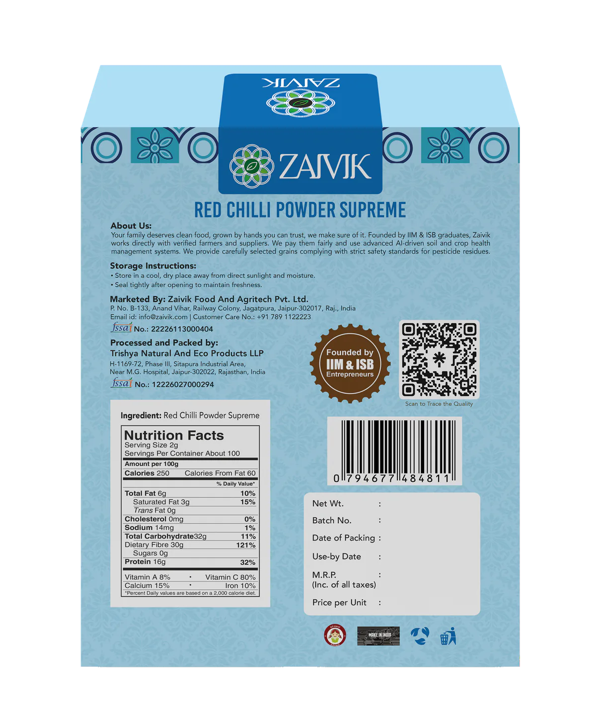 Zaivik Red Chilli Powder — Supreme 200 g back packaging