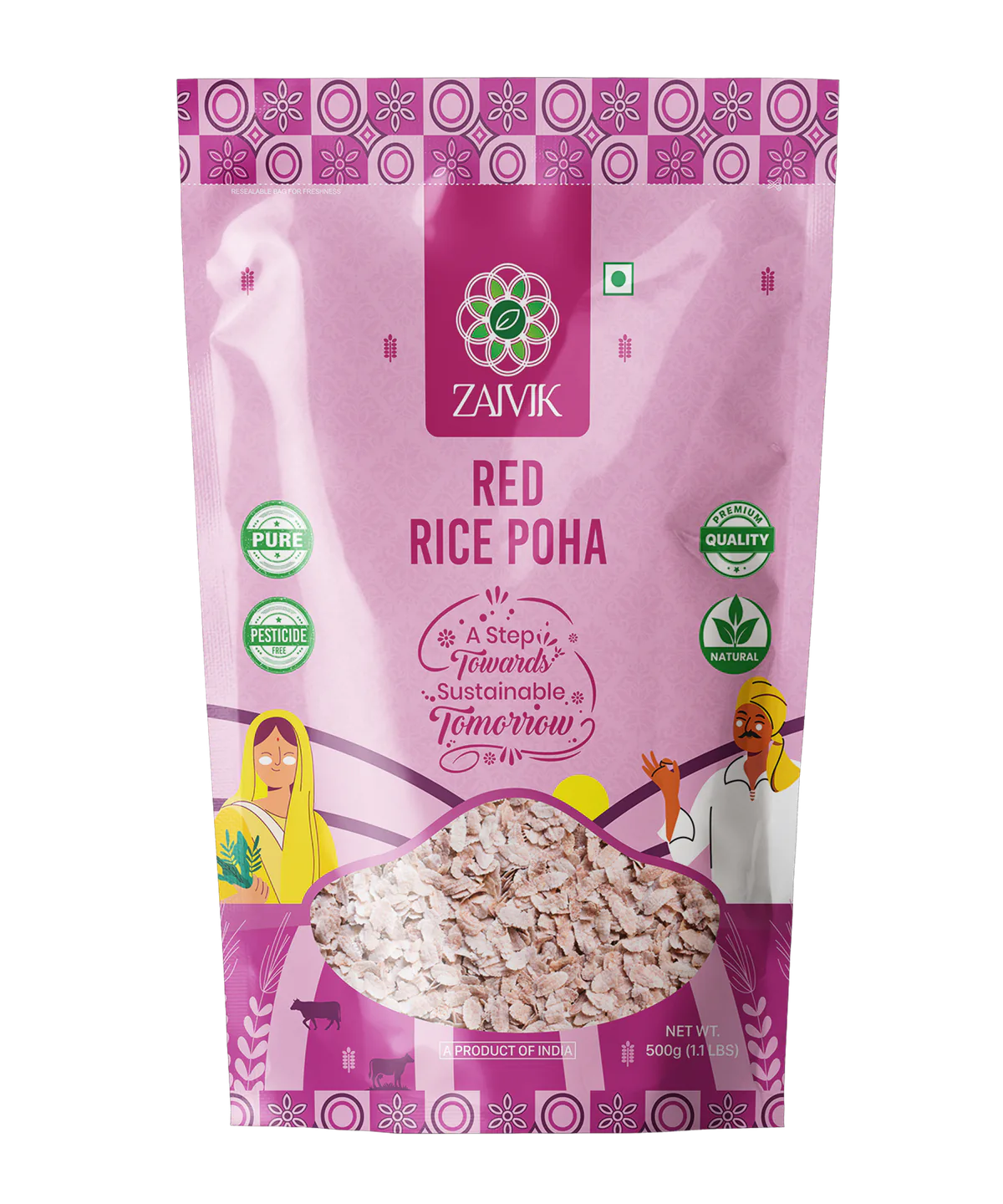 Zaivik Red Rice Poha 500 g front packaging