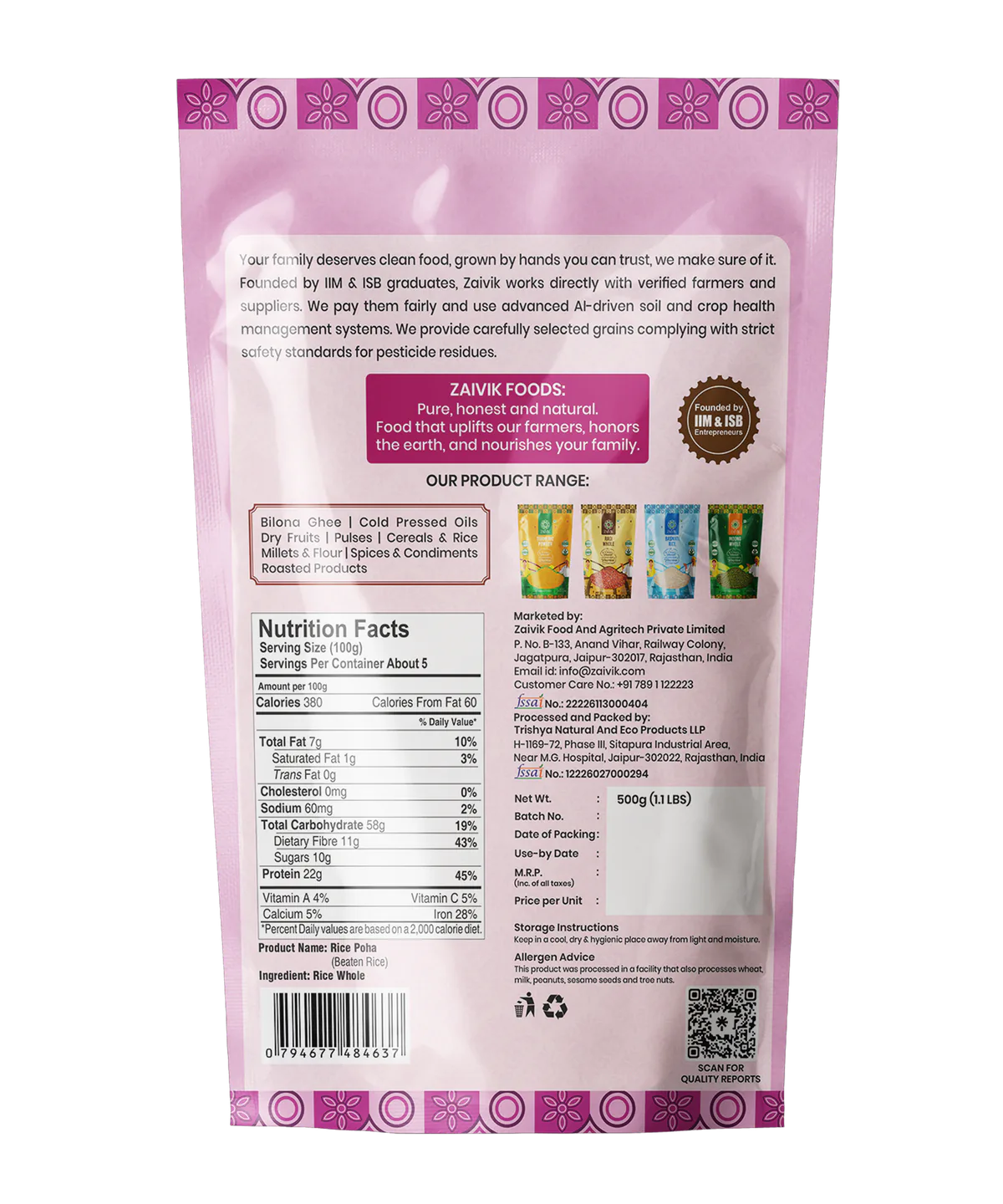 Zaivik Rice Poha 500 g back packaging