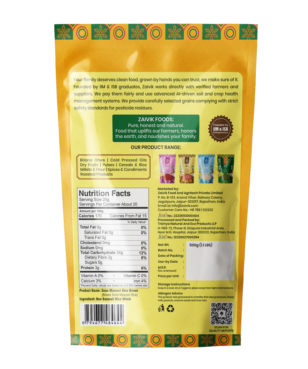 Zaivik Rice Sona Masoori Brown 500 g back packaging