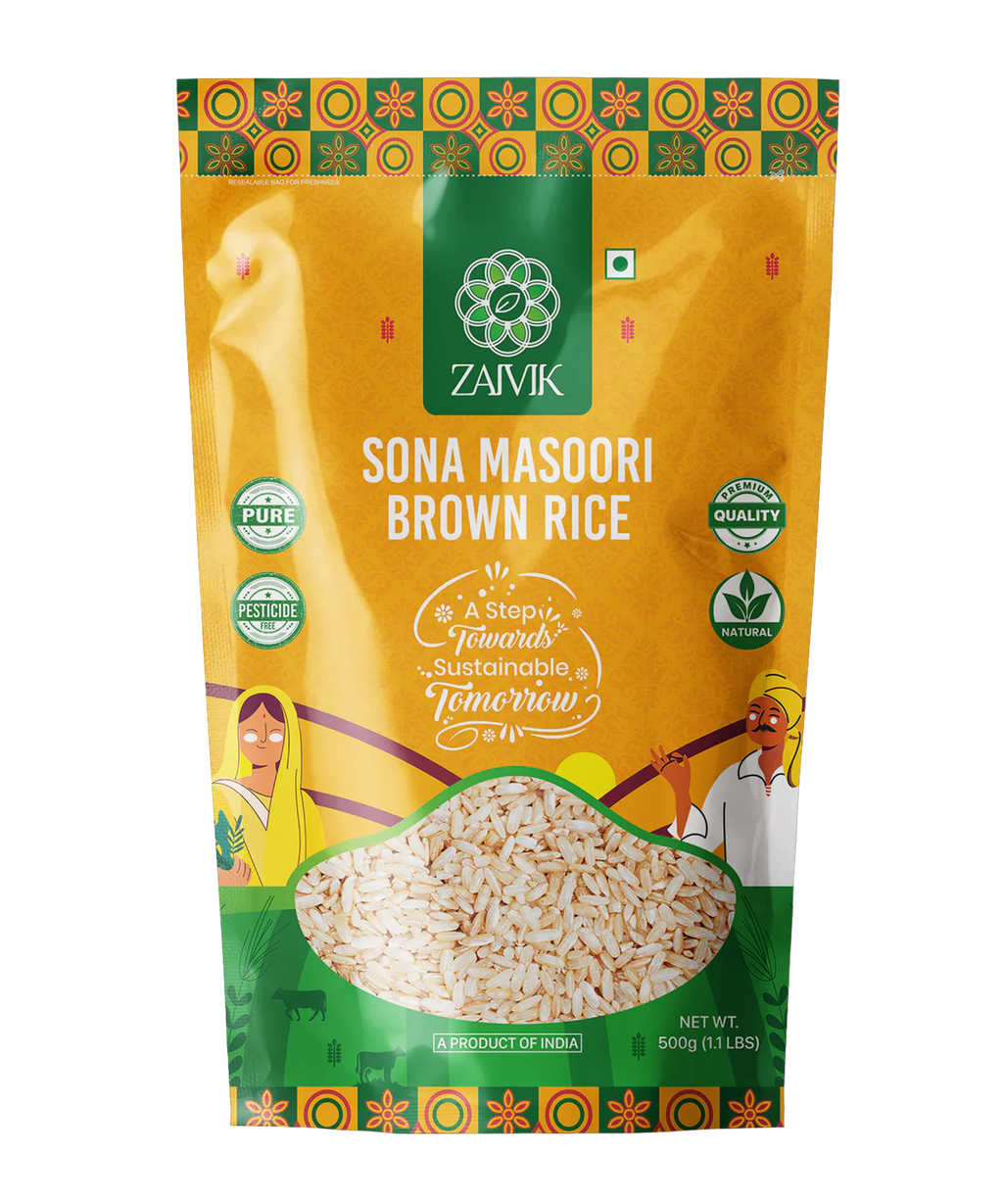 Zaivik Rice Sona Masoori Brown 500 g front packaging