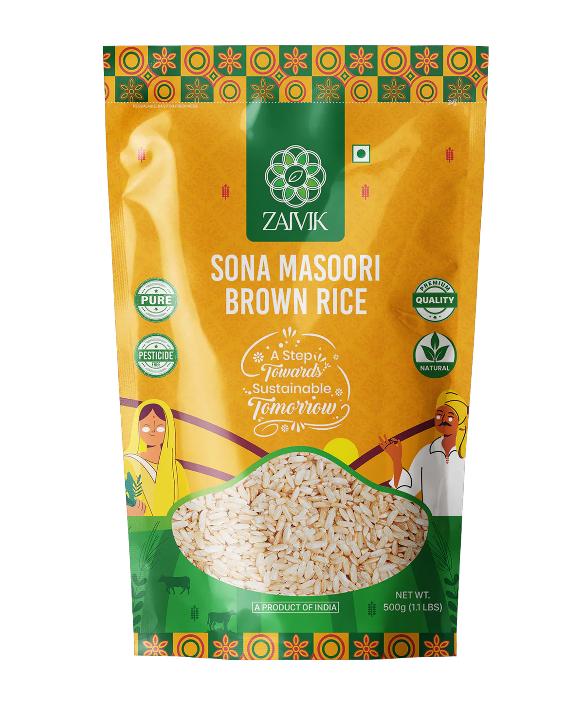 Zaivik Rice Sona Masoori Brown 500 g front packaging