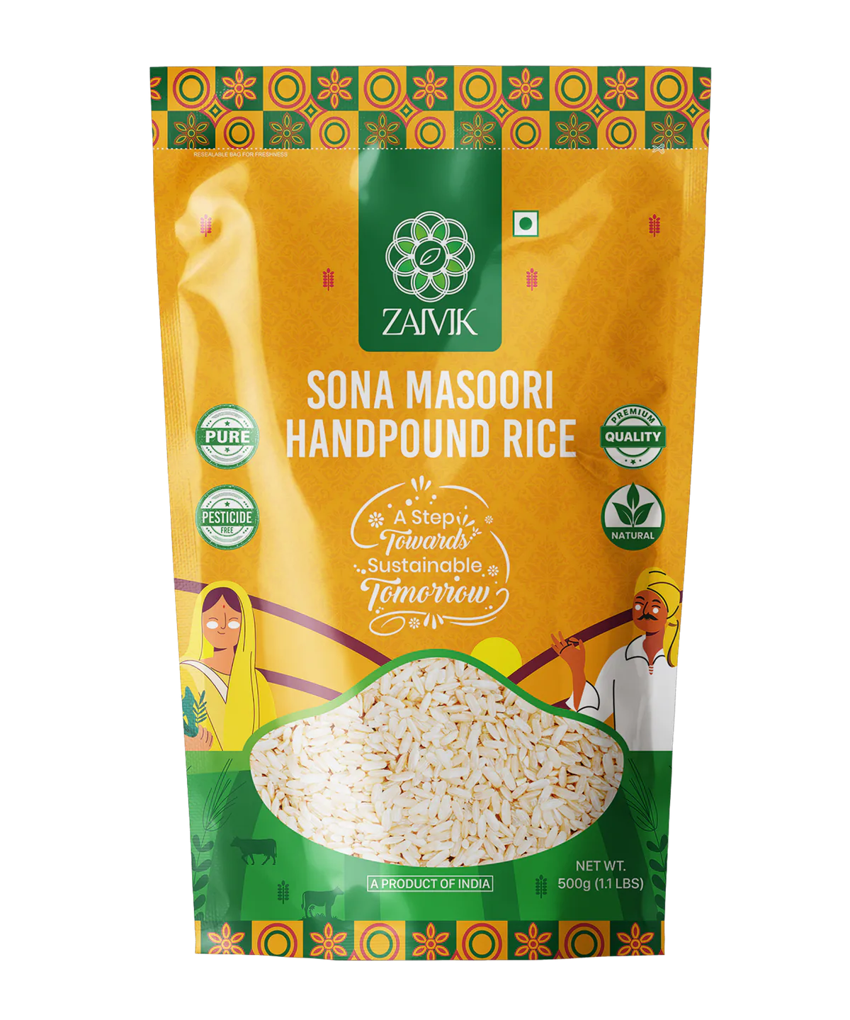 Zaivik Rice Sona Masoori handpound 500 g front packaging