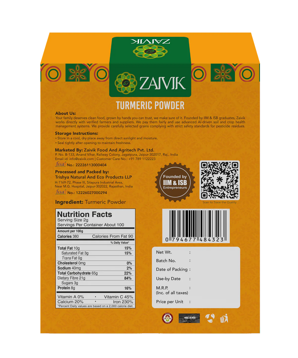 Zaivik Turmeric Powder 200 g back packaging