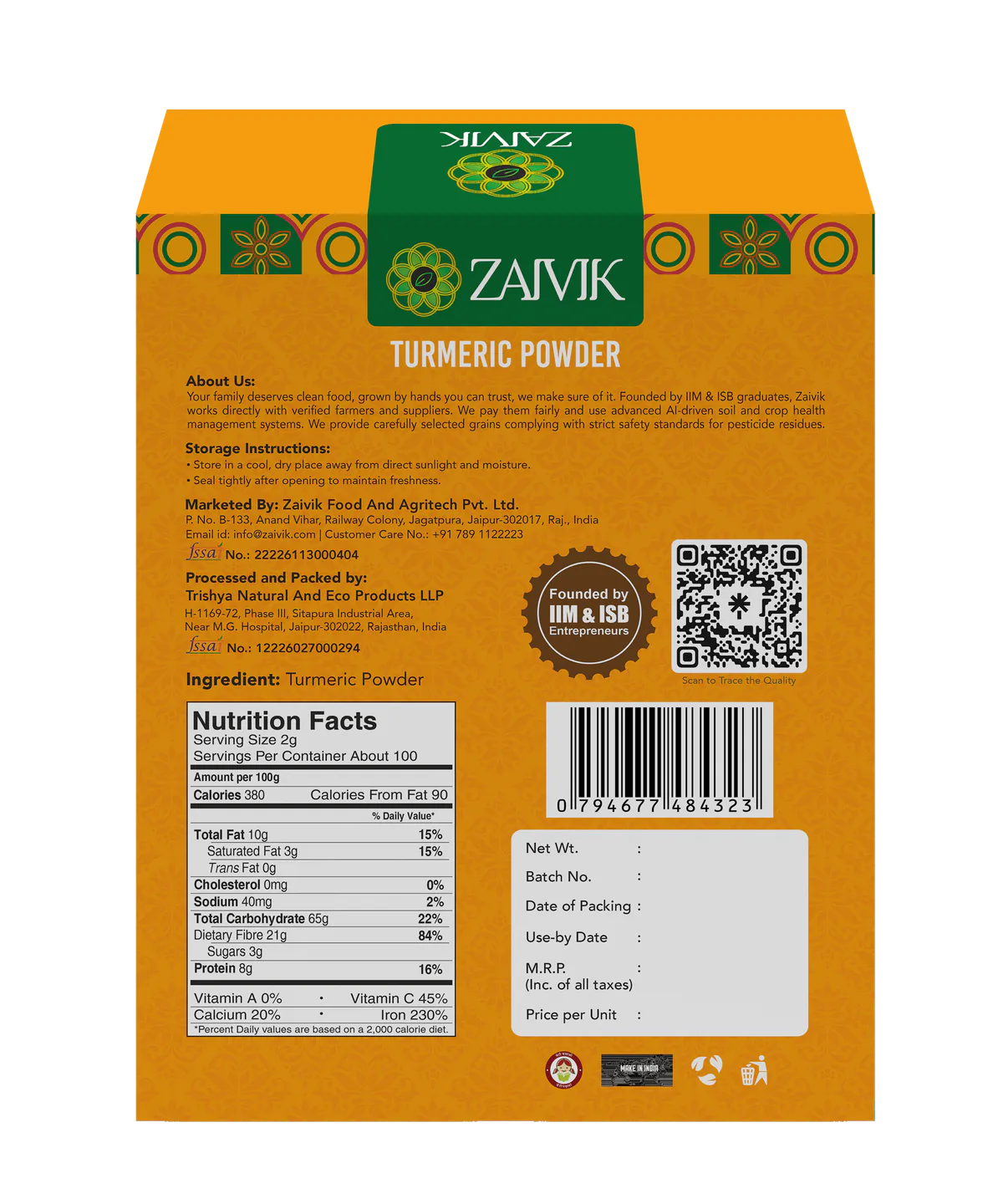 Zaivik Turmeric Powder 200 g back packaging