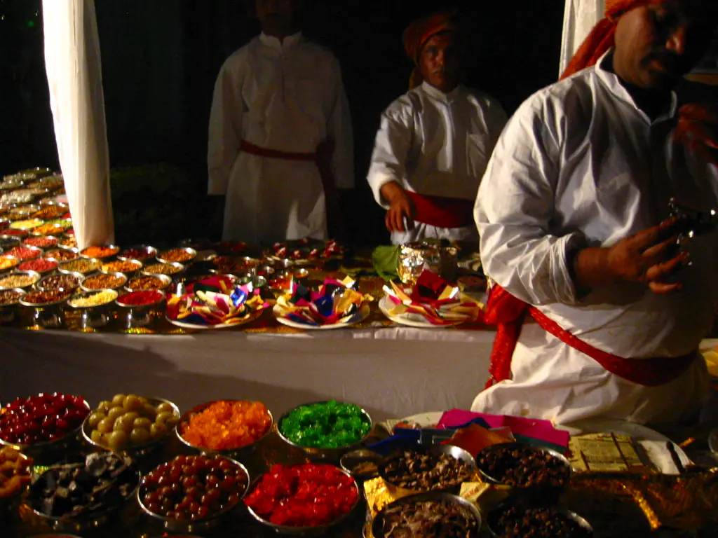 A variety of Holi delicacies, colorful food in India